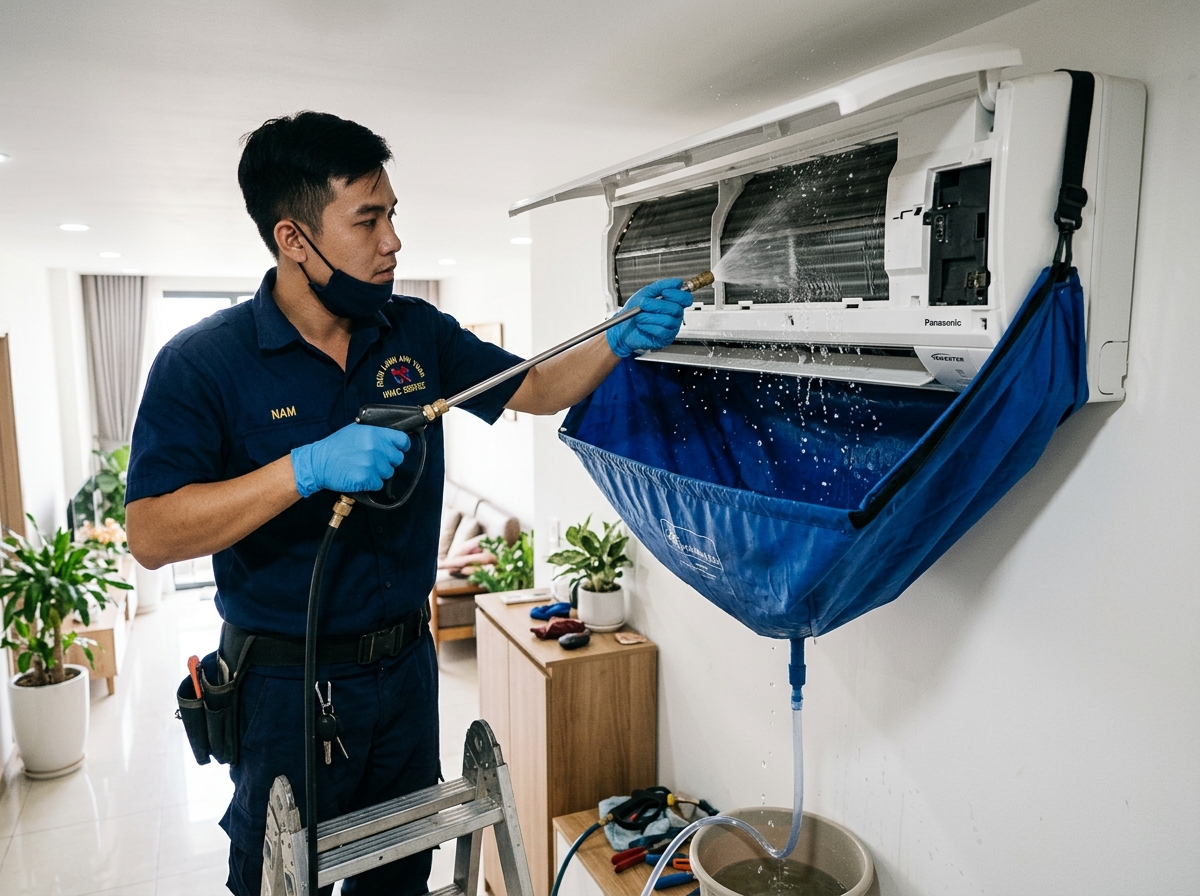 Kỹ thuật viên Điện Lạnh HD vệ sinh máy lạnh dùng bạt chuyên dụng