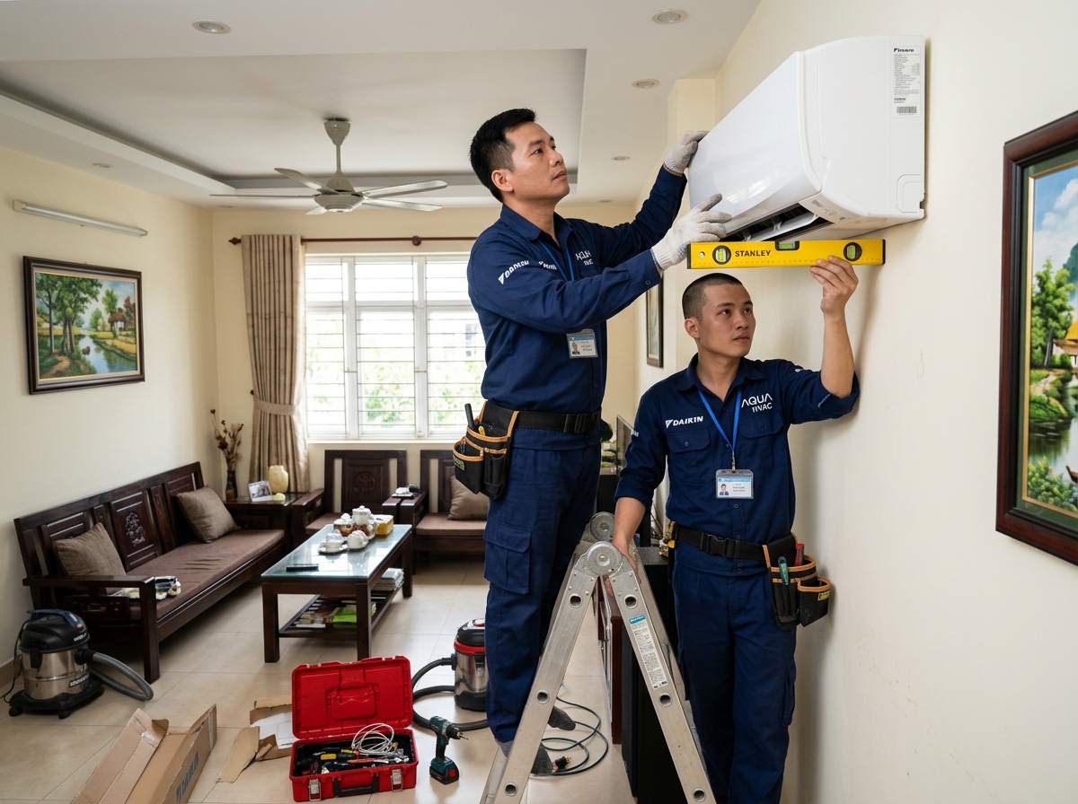 Hai kỹ thuật viên Điện Lạnh HD tháo lắp máy lạnh chuẩn kỹ thuật