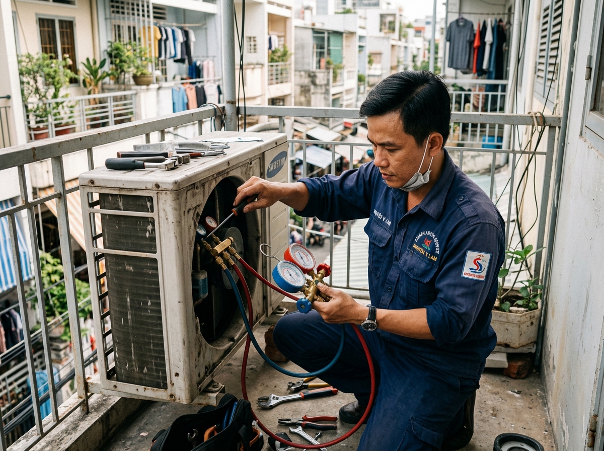 Thợ Điện Lạnh HD đo áp suất ga và sửa máy lạnh ngoài ban công